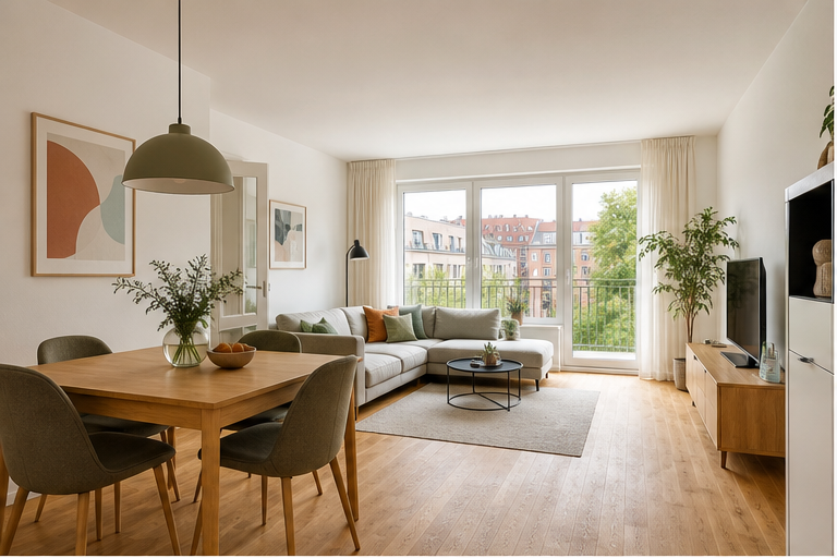 Wohnzimmer mit Essbereich und Balkonzugang